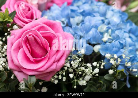 Bouquet di rose rosa fresche, ortensia blu e gypsofila. Sfondo floreale. Concetto di invito o cartolina. Primo piano Foto Stock