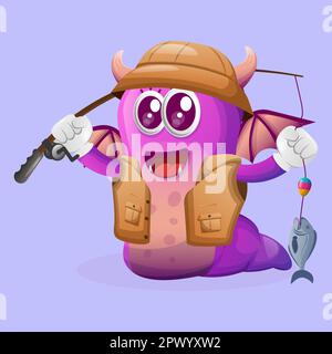 Pesca di mostro viola carino. Ideale per bambini, piccole aziende o e-commerce, merchandising e adesivi, promozione banner, blog o canale vlog Illustrazione Vettoriale