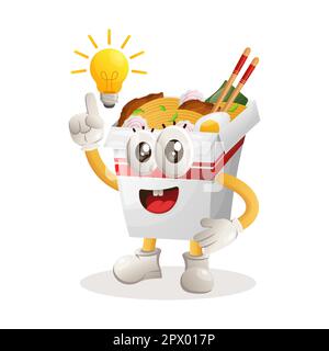 Mascotte ramen cute ha ottenuto un'idea, un'idea della lampadina, un'ispirazione. Perfetto per negozi di alimentari, piccole aziende o e-commerce, merchandising e adesivi, promozione banner Illustrazione Vettoriale