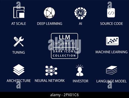 LLM Large Language modella il set di icone vettoriali con design piatto e modalità scura Illustrazione Vettoriale