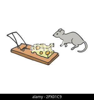 illustrazione vettoriale di un mouse cartoon vicino a una mousetrap con formaggio Illustrazione Vettoriale