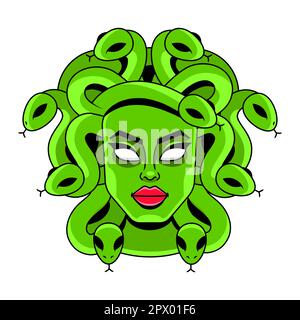 Testa Medusa Gorgon su uno scudo disegnata a mano linea arte e punto di lavoro tatuaggio o stampa disegno isolato illustrazione vettoriale. Gorgoneion è un amuleto protettivo Illustrazione Vettoriale