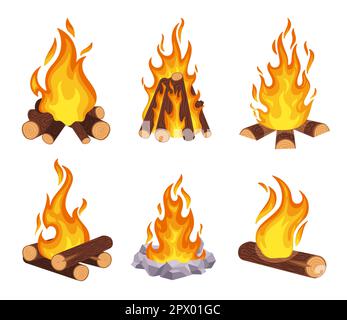 Falò cartoon. Falò di legno, legna da ardere. Fiamme da fuoco all'aperto con bordi in pietra e legno. All'esterno avventura selvaggia, attività di campeggio, tou foresta Illustrazione Vettoriale