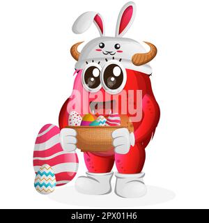 Un simpatico mostro rosso che indossa il cappello da coniglio e tiene l'uovo di pasqua nel cestino. Perfetto per bambini, piccole aziende o e-commerce, articoli e adesivi, divieto Illustrazione Vettoriale