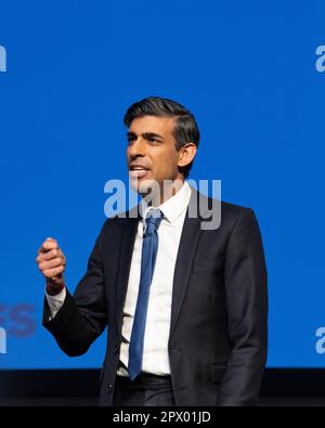 Rishi Sunak 2023 - alla Conferenza conservatrice scozzese di Glasgow, Scozia, 28 aprile 2023 Foto Stock