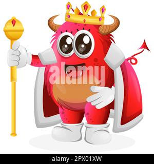 Carino re mostro rosso. Ideale per bambini, piccole aziende o e-commerce, merchandising e adesivi, promozione banner, blog o canale vlog Illustrazione Vettoriale