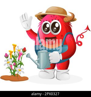 Carino mostro rosso giardinaggio prendersi cura delle piante. Perfetto per bambini, piccole imprese o e-commerce, merchandising e adesivi, promozione banner, blog o v Illustrazione Vettoriale