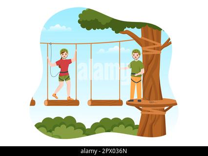 Zip Line Illustrazione con i visitatori a piedi su un percorso ostacolo e all'aperto Rope Adventure Park in Forest in Cartoon piano modelli disegnati a mano Foto Stock