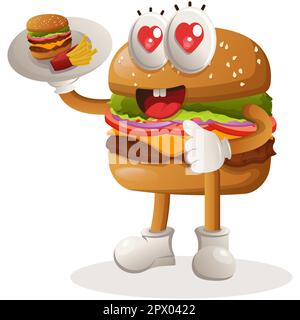 Simpatico hamburger mascotte design che serve cibo, camerieri. Burger cartoon mascotte personaggio design. Cibo delizioso con formaggio, verdure e carne. Mascotte carina Illustrazione Vettoriale