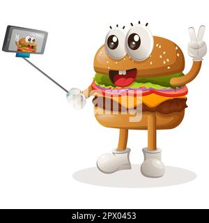 Il design della mascotte per hamburger prende un selfie con lo smartphone. Burger cartoon mascotte personaggio design. Cibo delizioso con formaggio, verdure e carne. Taglia Illustrazione Vettoriale