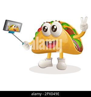 La mascotte di taco cute prende un selfie con lo smartphone. Perfetto per negozi di alimentari, piccole aziende o e-commerce, merchandising e adesivi, promozione banner, cibo Illustrazione Vettoriale