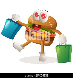 Simpatico hamburger mascotte design felice shopping. Burger cartoon mascotte personaggio design. Cibo delizioso con formaggio, verdure e carne. Cute mascotte vettore Illustrazione Vettoriale