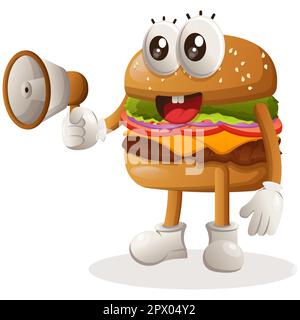 Simpatico hamburger mascotte design che tiene megafone. Burger cartoon mascotte personaggio design. Cibo delizioso con formaggio, verdure e carne. Mascotte cute vect Illustrazione Vettoriale
