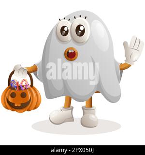 Cute burger mascotte disegno fantasma Halloween, tenendo zucca di Halloween con caramella su di esso. Burger cartoon mascotte personaggio design. Cibo delizioso con che Illustrazione Vettoriale