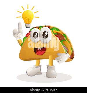 La mascotte cute di taco ha ottenuto un'idea, un'idea della lampadina, un'ispirazione. Perfetto per negozi di alimentari, piccole aziende o e-commerce, merchandising e adesivi, promozione banner, Illustrazione Vettoriale