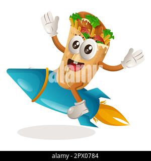 Mascotte burrito carino che volano sul razzo. Perfetto per negozi di alimentari, piccole aziende o e-commerce, merchandising e adesivi, promozione banner, recensione di alimenti Illustrazione Vettoriale