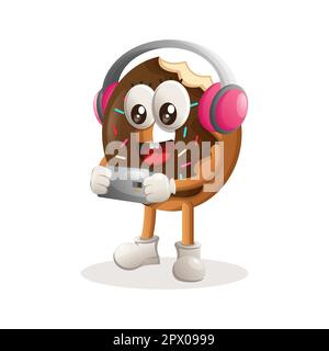 Carino donut mascotte giocare gioco mobile, indossando cuffie. Perfetto per negozi di alimentari, piccole aziende o e-commerce, articoli promozionali e adesivi, banner promozionale Illustrazione Vettoriale