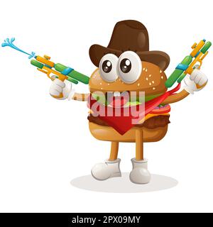 Simpatico burger mascotte di disegno giocare con pistola d'acqua giocattolo, indossare cappello cowboy. Burger cartoon mascotte personaggio design. Cibo delizioso con formaggio, vegetariano Illustrazione Vettoriale