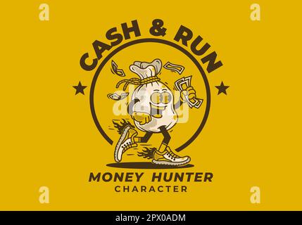 Design di carattere mascotte vintage del sacchetto di soldi che tiene i soldi Illustrazione Vettoriale