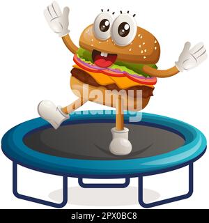 Simpatico hamburger mascotte di design gioco trampolino. Burger cartoon mascotte personaggio design. Cibo delizioso con formaggio, verdure e carne. masco carino Illustrazione Vettoriale