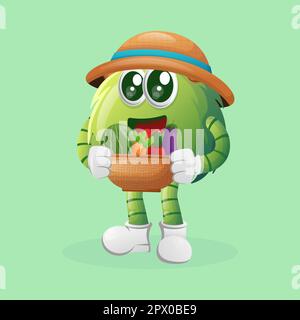 Il mostro verde carino trasporta la varietà di verdure fresche e di frutta. Perfetto per bambini, piccole aziende o e-commerce, merchandising e adesivi, banner pro Illustrazione Vettoriale