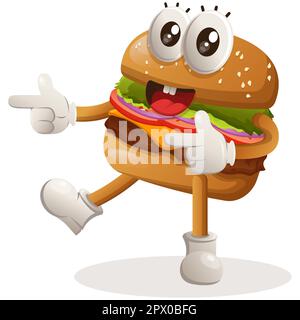 Simpatico hamburger mascotte design divertente con mano appuntita. Burger cartoon mascotte personaggio design. Cibo delizioso con formaggio, verdure e carne. Carino mas Illustrazione Vettoriale