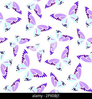 motivo senza cuciture di farfalle decorative blu-violacee su sfondo bianco, texture, design Foto Stock