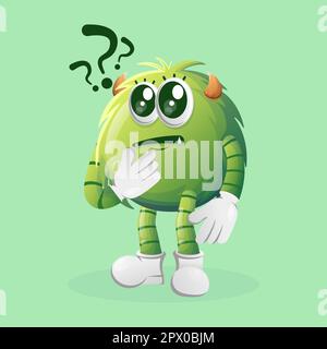 Simpatico mostro verde che fa domande. Ideale per bambini, piccole aziende o e-commerce, merchandising e adesivi, promozione banner, blog o canale vlog Illustrazione Vettoriale