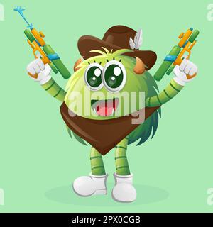 Simpatico mostro verde che gioca con il giocattolo della pistola ad acqua. Ideale per bambini, piccole aziende o e-commerce, merchandising e adesivi, promozione banner, blog o vlog Illustrazione Vettoriale