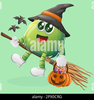Simpatica strega di mostro verde con zucca di Halloween con caramella su di essa. Perfetto per bambini, piccole aziende o e-commerce, articoli e adesivi, divieto Illustrazione Vettoriale