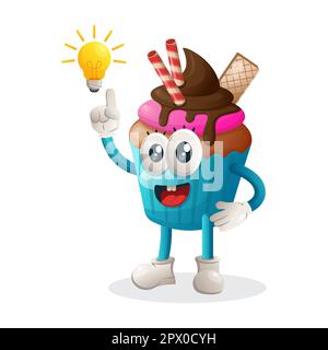 Cute cupcake mascotte ha ottenuto un'idea, un'idea della lampadina, l'ispirazione. Perfetto per negozi di alimentari, piccole aziende o e-commerce, articoli di merchandising e adesivi, promozioni banner Illustrazione Vettoriale
