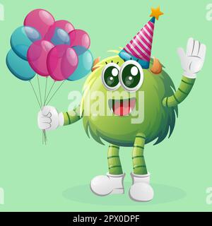 Mostro verde carino che indossa un cappello di compleanno, tenendo palloncini. Ideale per bambini, piccole aziende o e-commerce, merchandising e adesivi, promozione banner Illustrazione Vettoriale