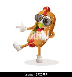 Cute hotdog mascotte giocoso con mano appuntita. Perfetto per negozi di alimentari, piccole aziende o e-commerce, merchandising e adesivi, promozione banner, food re Illustrazione Vettoriale