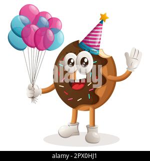 Mascotte della ciambella cute che indossa un cappello di compleanno, tenendo i palloncini. Perfetto per negozi di alimentari, piccole aziende o e-commerce, merchandising e adesivi, banner Illustrazione Vettoriale