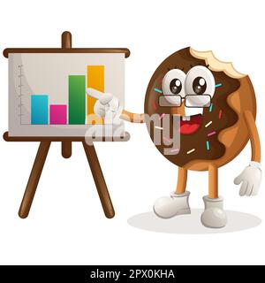 La mascotte della ciambella dà la presentazione del rapporto, mostra la grafica della colonna. Perfetto per negozi di alimentari, piccole aziende o e-commerce, articoli di merchandising e adesivi, divieto Illustrazione Vettoriale