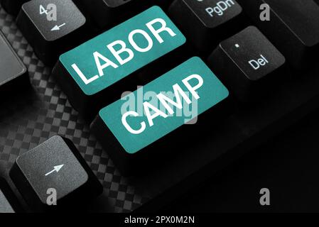 Scrittura che mostra testo Labor Camp, Business vetrina di una colonia penale in cui il lavoro forzato è eseguito Foto Stock