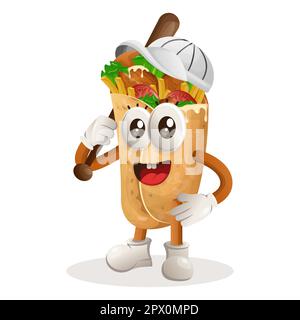 Mascotte burrito carino che gioca a baseball. Perfetto per negozi di alimentari, piccole aziende o e-commerce, merchandising e adesivi, promozione banner, recensione di alimenti Illustrazione Vettoriale