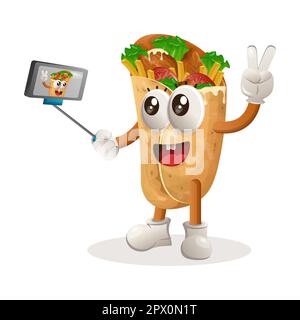 Cute burrito mascotte prende un selfie con smartphone. Perfetto per negozi di alimentari, piccole aziende o e-commerce, merchandising e adesivi, promozione banner, f Illustrazione Vettoriale