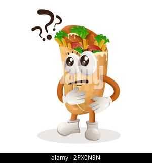 Mascotte di burrito cute che fa le domande. Perfetto per negozi di alimentari, piccole aziende o e-commerce, merchandising e adesivi, promozione banner, recensione di alimenti Illustrazione Vettoriale