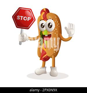 Cute hotdog mascotte che tiene il segno di arresto, segno di strada, segno di strada. Perfetto per negozi di alimentari, piccole aziende o e-commerce, merchandising e adesivi, banner pr Illustrazione Vettoriale