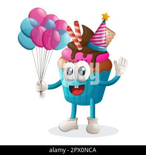 Mascotte di cupcake cute che indossa un cappello di compleanno, tenendo i palloncini. Perfetto per negozi di alimentari, piccole aziende o e-commerce, merchandising e adesivi, banner pr Illustrazione Vettoriale