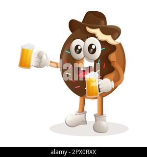La mascotte della ciambella festeggia l'oktoberfest con la birra in mano. Perfetto per negozi di alimentari, piccole aziende o e-commerce, articoli promozionali e adesivi, banner promozionale Illustrazione Vettoriale