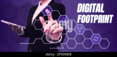 Segno di scrittura a mano Footprint digitale, Word per utilizza la tecnologia digitale per gestire il processo di produzione Foto Stock