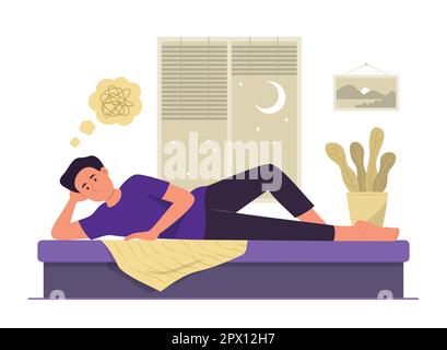 Insonnia uomo sdraiato a letto con sensazione di stress per Sleepless Concept Illustration Illustrazione Vettoriale