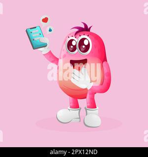 Simpatico mostro rosa che tiene il telefono cellulare con messaggi di testo. Perfetto per bambini, piccole aziende o e-commerce, merchandising e adesivi, promozione banner, Illustrazione Vettoriale