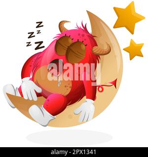 Carino mostro rosso che dorme sulla luna. Ideale per bambini, piccole aziende o e-commerce, merchandising e adesivi, promozione banner, blog o vl Illustrazione Vettoriale