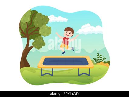 Illustrazione del trampolino con i bambini piccoli che saltano su un trampolino in mano disegnato piano Cartoon Estate attività all'aperto modello di sfondo Foto Stock