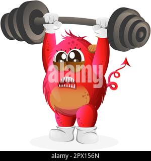 Bodybuilding mostro rosso carino con muscoli di flessione del barbell. Perfetto per bambini, piccole aziende o e-commerce, merchandising e adesivi, promozione banner, Illustrazione Vettoriale