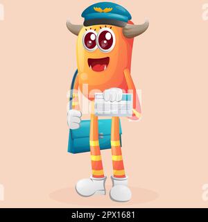 Simpatico postino di un mostro arancione. Ideale per bambini, piccole aziende o e-commerce, merchandising e adesivi, promozione banner, blog o canale vlog Illustrazione Vettoriale