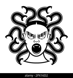 Testa Medusa Gorgon su uno scudo disegnata a mano linea arte e punto di lavoro tatuaggio o stampa disegno isolato illustrazione vettoriale. Gorgoneion è un amuleto protettivo Illustrazione Vettoriale